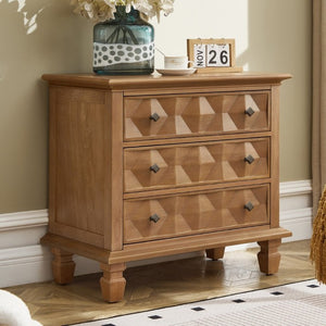English Elm Farmhouse Nightstand with Built-In Charging Station Three Drawer Engineered Wood Bedside W3720P537049