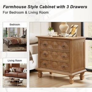 English Elm Farmhouse Nightstand with Built-In Charging Station Three Drawer Engineered Wood Bedside W3720P537049