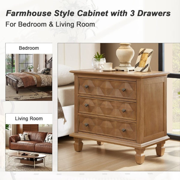 English Elm Farmhouse Nightstand with Built-In Charging Station Three Drawer Engineered Wood Bedside W3720P537049
