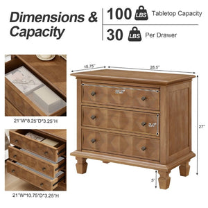 English Elm Farmhouse Nightstand with Built-In Charging Station Three Drawer Engineered Wood Bedside W3720P537049