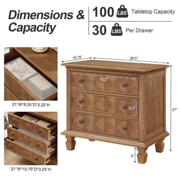 English Elm Farmhouse Nightstand with Built-In Charging Station Three Drawer Engineered Wood Bedside W3720P537049