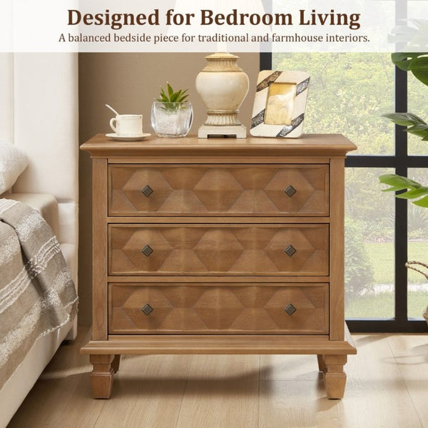 English Elm Farmhouse Nightstand with Built-In Charging Station Three Drawer Engineered Wood Bedside W3720P537049