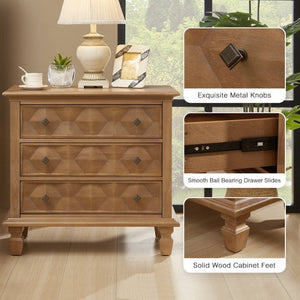 English Elm Farmhouse Nightstand with Built-In Charging Station Three Drawer Engineered Wood Bedside W3720P537049