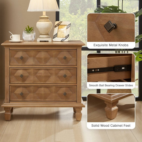 English Elm Farmhouse Nightstand with Built-In Charging Station Three Drawer Engineered Wood Bedside W3720P537049