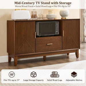 English Elm Mid-Century TV Stand with Wood Veneer Tapered Legs Drawer and Adjustable Cabinet Storage W3720P537050