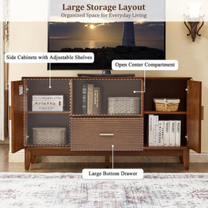 English Elm Mid-Century TV Stand with Wood Veneer Tapered Legs Drawer and Adjustable Cabinet Storage W3720P537050