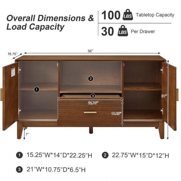 English Elm Mid-Century TV Stand with Wood Veneer Tapered Legs Drawer and Adjustable Cabinet Storage W3720P537050