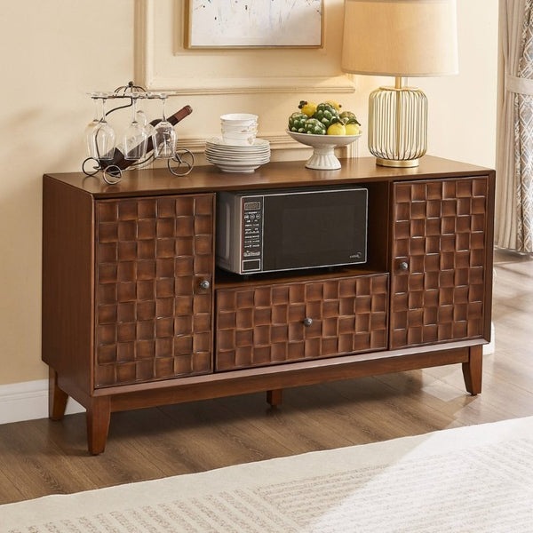 English Elm Mid-Century TV Stand with Woven Texture Doors Tapered Legs and Warm Brown Finish W3720P537054