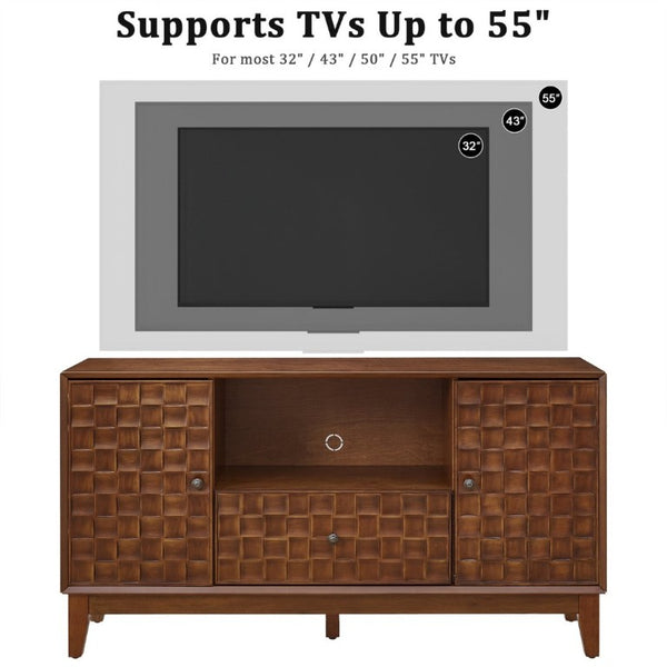 English Elm Mid-Century TV Stand with Woven Texture Doors Tapered Legs and Warm Brown Finish W3720P537054