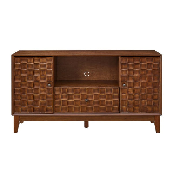 English Elm Mid-Century TV Stand with Woven Texture Doors Tapered Legs and Warm Brown Finish W3720P537054