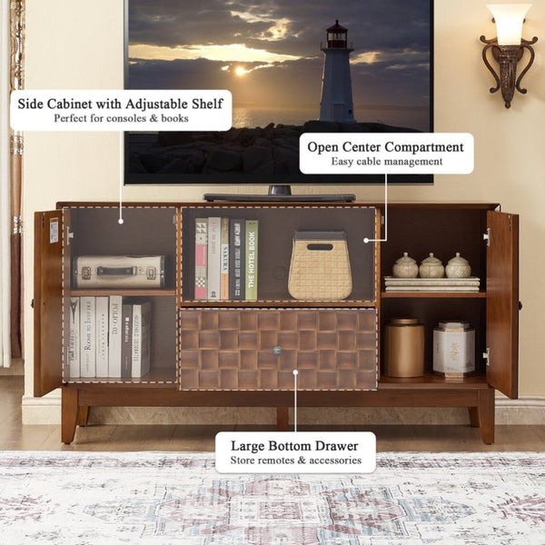 English Elm Mid-Century TV Stand with Woven Texture Doors Tapered Legs and Warm Brown Finish W3720P537054