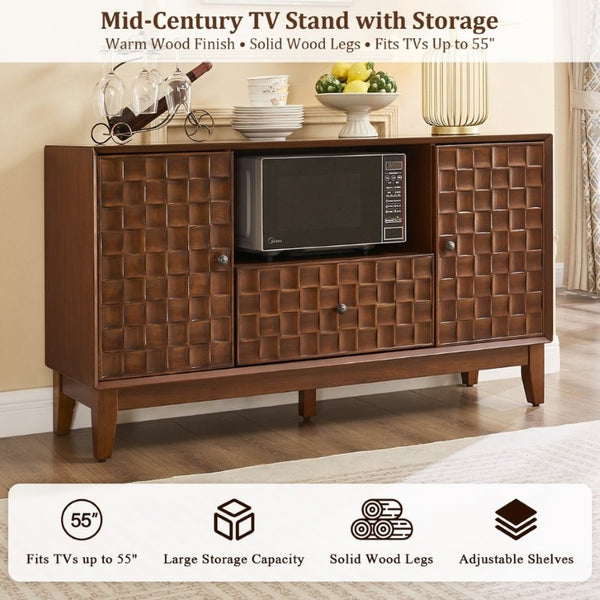 English Elm Mid-Century TV Stand with Woven Texture Doors Tapered Legs and Warm Brown Finish W3720P537054