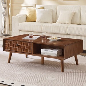 English Elm Coffee Table with Hidden Drawer Open Shelf Warm Wood Mid-Century Farmhouse Living Room Walnut Brown W3720P537077