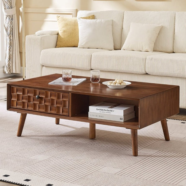 English Elm Coffee Table with Hidden Drawer Open Shelf Warm Wood Mid-Century Farmhouse Living Room Walnut Brown W3720P537077