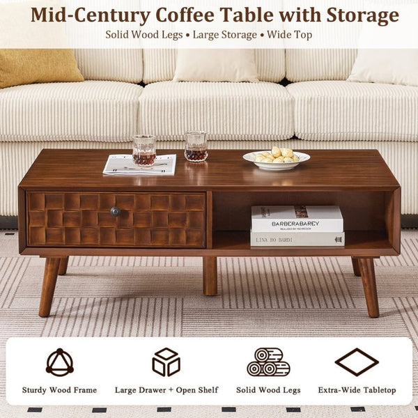 English Elm Coffee Table with Hidden Drawer Open Shelf Warm Wood Mid-Century Farmhouse Living Room Walnut Brown W3720P537077