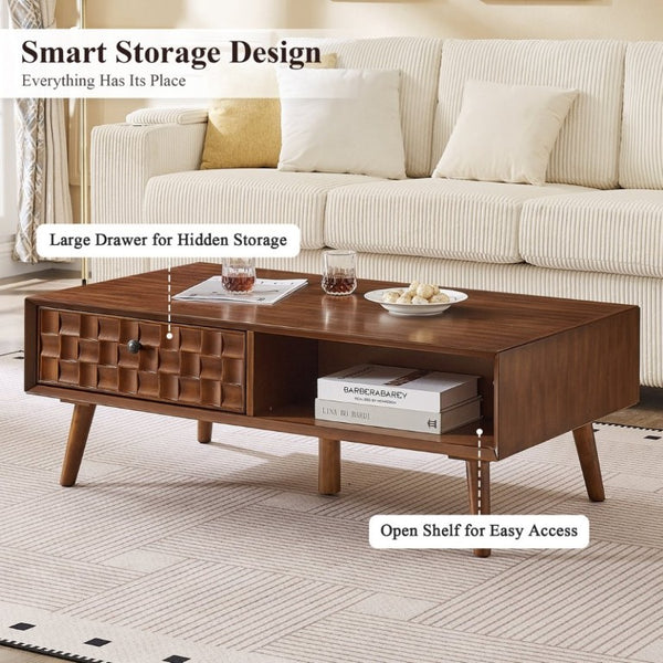English Elm Coffee Table with Hidden Drawer Open Shelf Warm Wood Mid-Century Farmhouse Living Room Walnut Brown W3720P537077