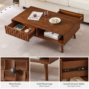English Elm Coffee Table with Hidden Drawer Open Shelf Warm Wood Mid-Century Farmhouse Living Room Walnut Brown W3720P537077