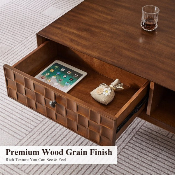 English Elm Coffee Table with Hidden Drawer Open Shelf Warm Wood Mid-Century Farmhouse Living Room Walnut Brown W3720P537077