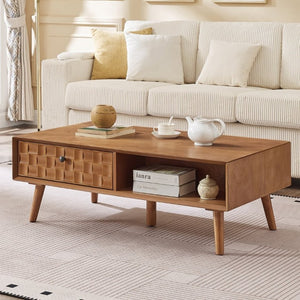 English Elm Coffee Table with Hidden Drawer Open Shelf Warm Wood Mid-Century Farmhouse Living Room Natural Walnut W3720P537088