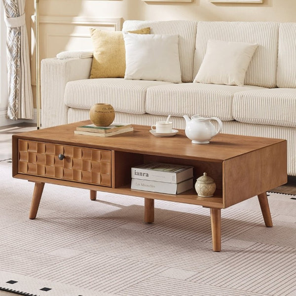 English Elm Coffee Table with Hidden Drawer Open Shelf Warm Wood Mid-Century Farmhouse Living Room Natural Walnut W3720P537088