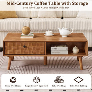 English Elm Coffee Table with Hidden Drawer Open Shelf Warm Wood Mid-Century Farmhouse Living Room Natural Walnut W3720P537088