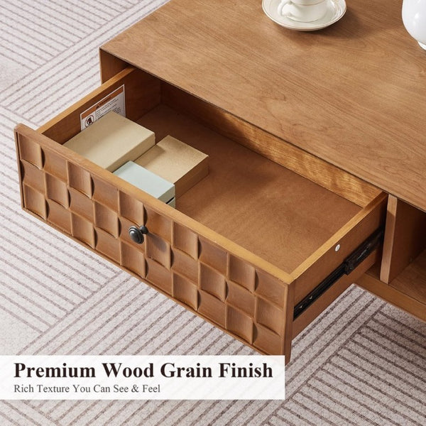 English Elm Coffee Table with Hidden Drawer Open Shelf Warm Wood Mid-Century Farmhouse Living Room Natural Walnut W3720P537088