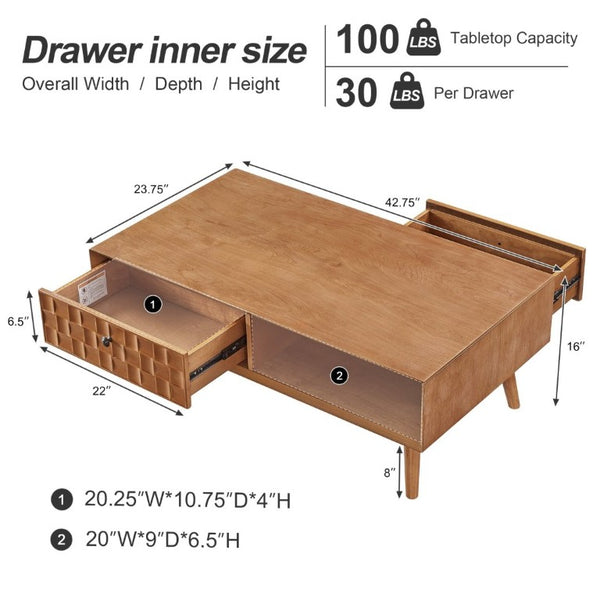 English Elm Coffee Table with Hidden Drawer Open Shelf Warm Wood Mid-Century Farmhouse Living Room Natural Walnut W3720P537088
