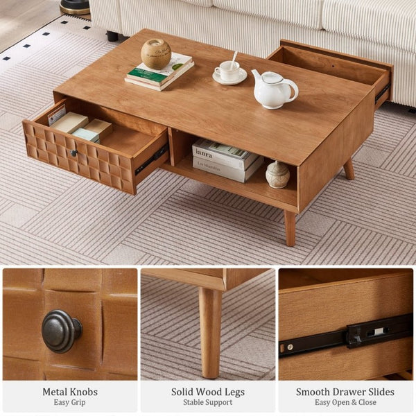 English Elm Coffee Table with Hidden Drawer Open Shelf Warm Wood Mid-Century Farmhouse Living Room Natural Walnut W3720P537088