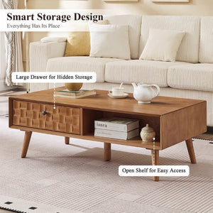 English Elm Coffee Table with Hidden Drawer Open Shelf Warm Wood Mid-Century Farmhouse Living Room Natural Walnut W3720P537088