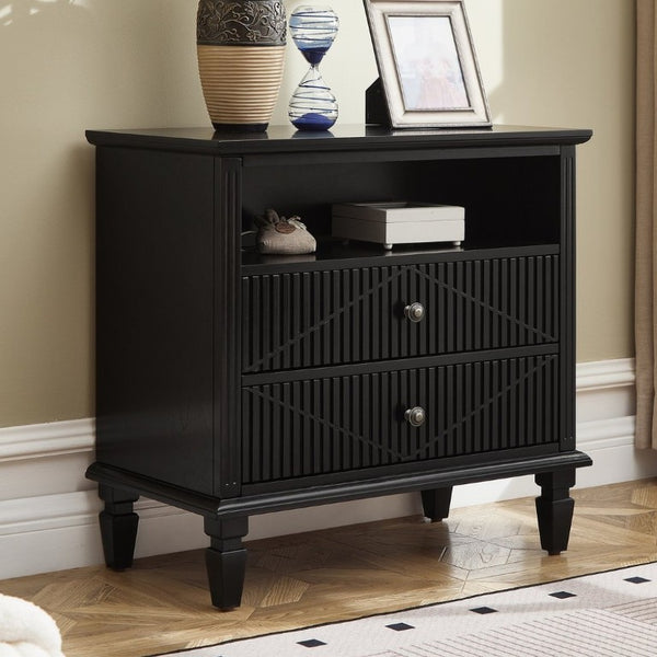 English Elm Farmhouse Nightstand with Built-In Charging Station Two Drawers Engineered Wood Bedroom Black W3720P540576