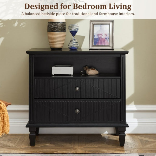 English Elm Farmhouse Nightstand with Built-In Charging Station Two Drawers Engineered Wood Bedroom Black W3720P540576