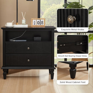 English Elm Farmhouse Nightstand with Built-In Charging Station Two Drawers Engineered Wood Bedroom Black W3720P540576