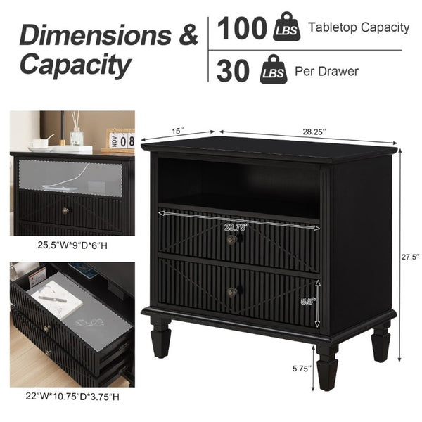 English Elm Farmhouse Nightstand with Built-In Charging Station Two Drawers Engineered Wood Bedroom Black W3720P540576
