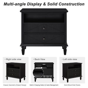 English Elm Farmhouse Nightstand with Built-In Charging Station Two Drawers Engineered Wood Bedroom Black W3720P540576