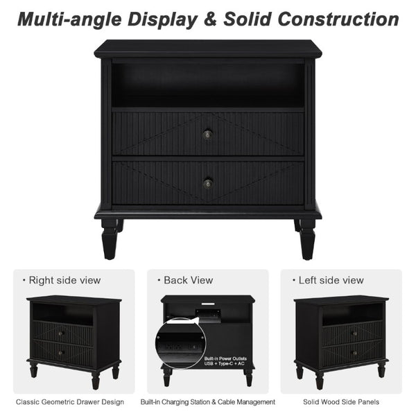 English Elm Farmhouse Nightstand with Built-In Charging Station Two Drawers Engineered Wood Bedroom Black W3720P540576