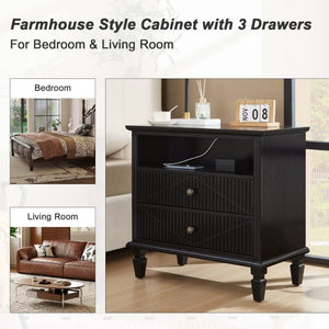 English Elm Farmhouse Nightstand with Built-In Charging Station Two Drawers Engineered Wood Bedroom Black W3720P540576