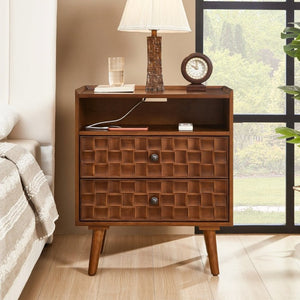 English Elm Nightstand with Built in Charging Station Geometric Drawers and Solid Wood Legs Walnut W3720P540581