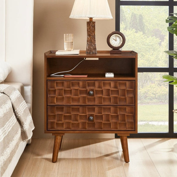 English Elm Nightstand with Built in Charging Station Geometric Drawers and Solid Wood Legs Walnut W3720P540581