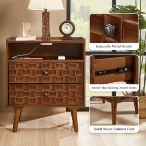 English Elm Nightstand with Built in Charging Station Geometric Drawers and Solid Wood Legs Walnut W3720P540581