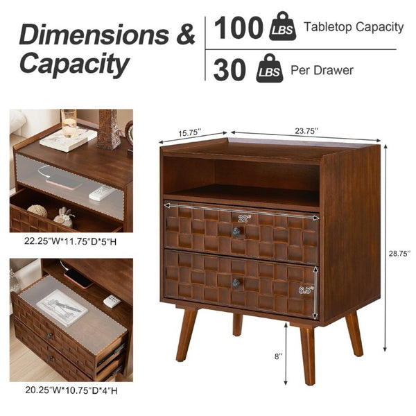 English Elm Nightstand with Built in Charging Station Geometric Drawers and Solid Wood Legs Walnut W3720P540581