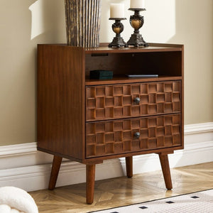 English Elm Nightstand with Built in Charging Station Geometric Drawers and Solid Wood Legs Walnut W3720P540581