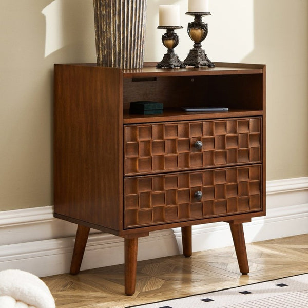 English Elm Nightstand with Built in Charging Station Geometric Drawers and Solid Wood Legs Walnut W3720P540581