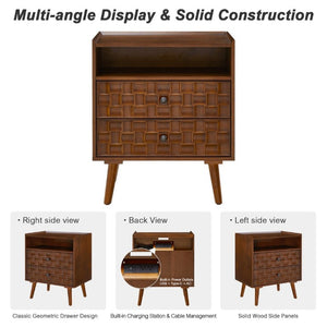 English Elm Nightstand with Built in Charging Station Geometric Drawers and Solid Wood Legs Walnut W3720P540581
