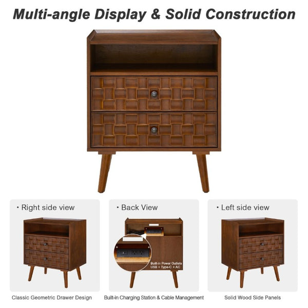 English Elm Nightstand with Built in Charging Station Geometric Drawers and Solid Wood Legs Walnut W3720P540581
