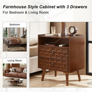 English Elm Nightstand with Built in Charging Station Geometric Drawers and Solid Wood Legs Walnut W3720P540581