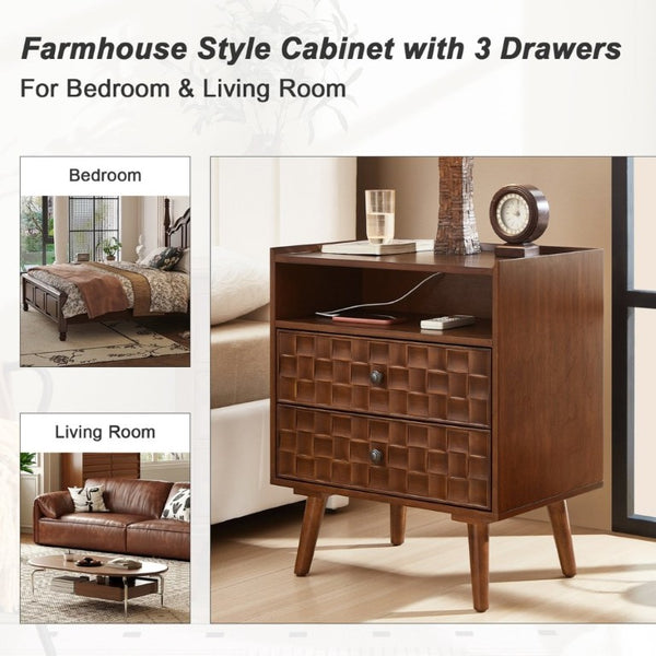 English Elm Nightstand with Built in Charging Station Geometric Drawers and Solid Wood Legs Walnut W3720P540581