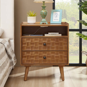 English Elm Nightstand with Built in Charging Station Geometric Drawers and Solid Wood Legs Golden Oak W3720P540586