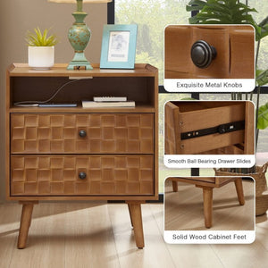 English Elm Nightstand with Built in Charging Station Geometric Drawers and Solid Wood Legs Golden Oak W3720P540586