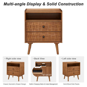 English Elm Nightstand with Built in Charging Station Geometric Drawers and Solid Wood Legs Golden Oak W3720P540586