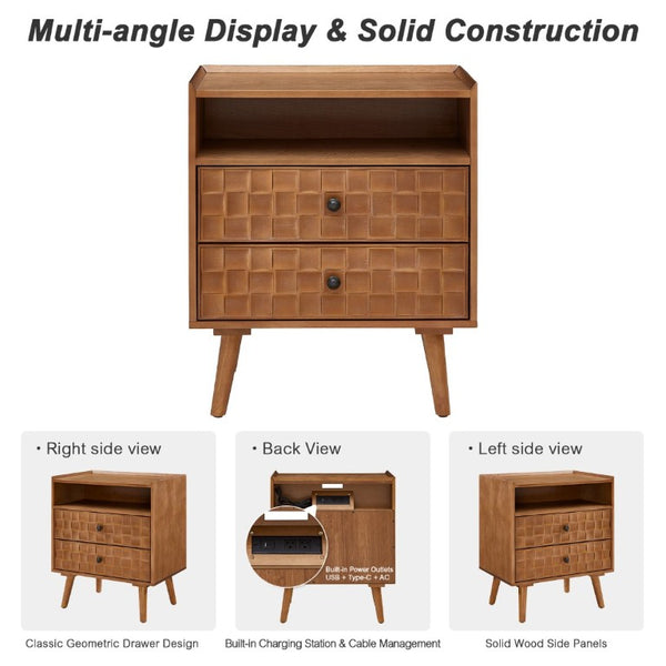 English Elm Nightstand with Built in Charging Station Geometric Drawers and Solid Wood Legs Golden Oak W3720P540586